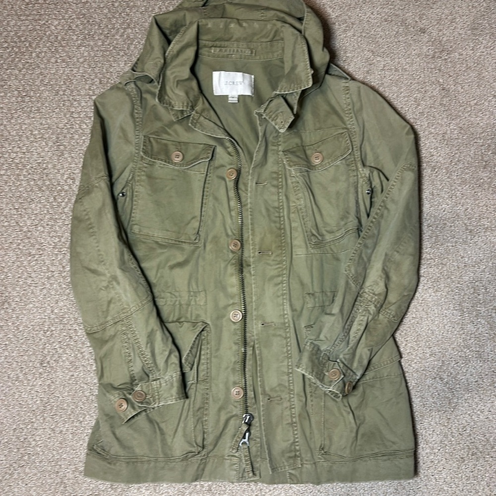 J.Crew Long Utility Field Jacket Size S - Hooded Army Green Lightweight Jacket